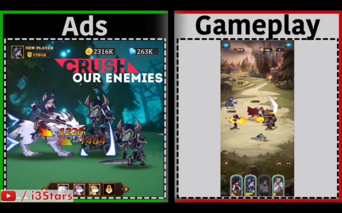 AFK아레나 광고 영상(왼쪽)과 실제 플레이 영상(오른쪽). 같은 게임이라고는 믿기 어렵다. /사진=i3Stars 유튜브 캡처