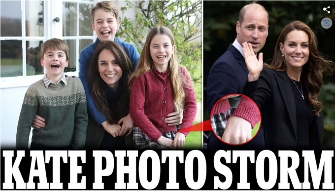 영국 왕실이 최근 제공한 케이트 미들턴 왕세자비(가운데)와 그 자녀들 사진. 왼쪽부터 루이, 조지, 샬럿. 샬럿 공주의 손목 부분이 어색하다./사진=영국 데일리메일 캡처
