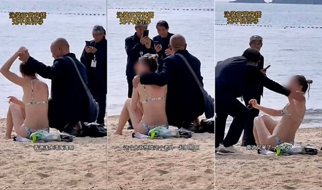홍콩의 한 해변에서 중년의 중국 남성 관광객 3명이 비키니를 입고 있는 백인 여성에게 다가가 강제로 스킨십하며 사진을 찍는 모습./영상=틱톡