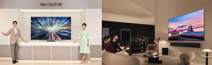 삼성전자의 2024년형 Neo QLED 8K TV 신제품(왼쪽), 2024년형 LG 올레드 에보/사진제공=삼성전자, LG전자