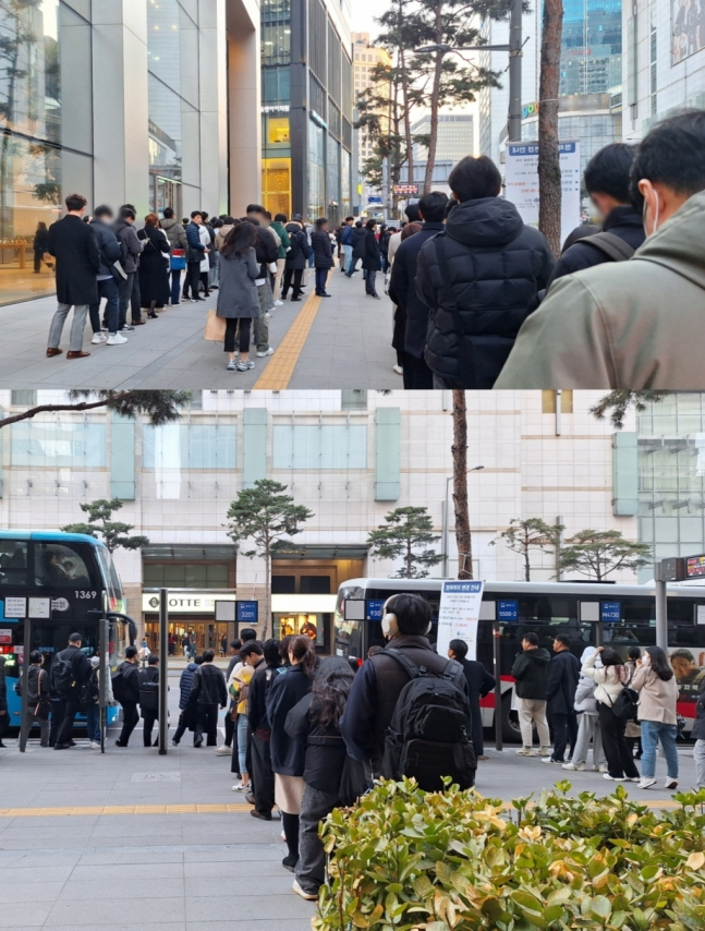 14일 오후 5시30분쯤 서울 중구 명동입구 버스정류장 앞. 버스 정류장 앞에는 광역버스를 타기 위한 시민들이 25명씩 줄 서있다. /사진=김지은 기자