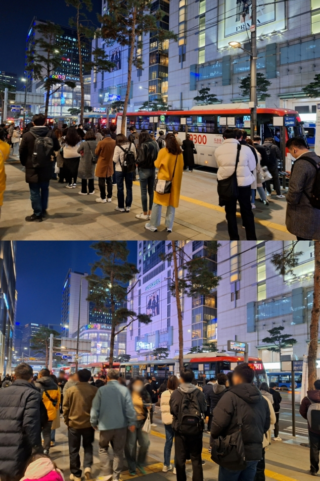 서울 중구 명동입구 정류장 앞에 버스를 기다리는 사람이 길게 줄 서있다. 이곳을 지나가던 외국인 관광객, 지하철 이용객들과 섞여 혼잡도가 높아졌다. /사진=김지은 기자