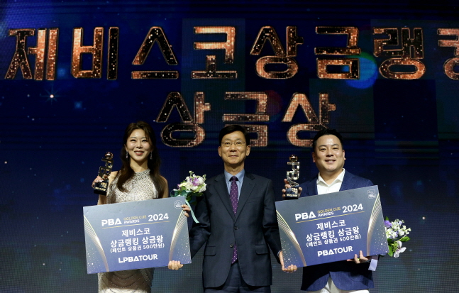 김가영(왼쪽)과 조재호(오른쪽)가 19일 2023~2024시즌 프로당구 PBA 골든큐 시상식에서 상금왕을 차지하고 트로피를 들어올리고 있다. /사진=PBA 투어