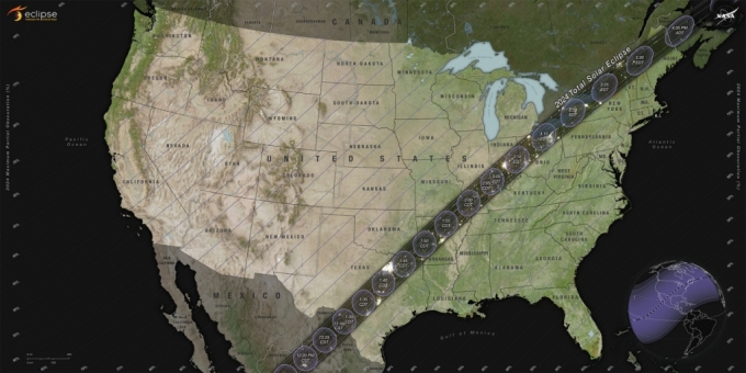 2024년 북미를 가로지르는 개기일식을 관측할 수 있는 지역을 나타낸 지도. 미국 중동부부터 캐나다 동부까지 걸쳐 개기일식을 관측할 수 있다. /사진=NASA