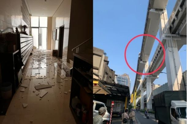(왼쪽) 대만에서 지진이 발생하자 아파트 바닥 타일이 부서졌다. (오른쪽)지진의 여파로 타이베이의 모노레일이 부서진 모습./ 사진=독자제공