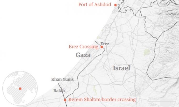 이스라엘은 5일 가자지구로 구호품 반입을 위해 아슈도드 항구, 에레즈 검문소, 케렘 샬롬 검문소를 개방하겠다고 밝혔다./사진=가디언