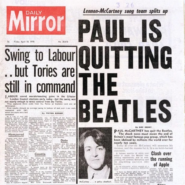 영국 매체 '데일리 미러'의 1970년 4월 10일 자 신문 1면. /사진=Daily Mirror 홈페이지 캡처 