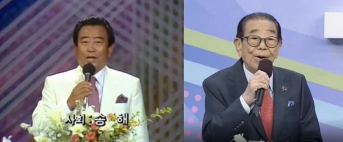(좌) 전국노래자랑 초창기(1988) 송해의 모습. (우) 마지막(2022)으로 전국노래자랑을 진행하던 모습./사진=유튜브 채널 'KBS'