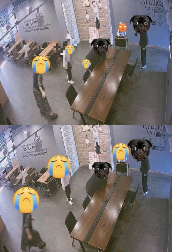 A씨가 글에 첨부한 CCTV 사진. A씨에 따르면 일행 중 아이 할머니로 보이는 사람이 매장에서 아이를 향해 큰 소리를 내며 뛰어왔다고 한다./사진=온라인 커뮤니티 '아프니까 청춘이다'