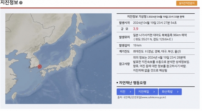 19일 기상청에 따르면 이날 오후 11시27분쯤 일본 대마도 해역 인근에서 3.9 규모 지진이 발생했다./사진=기상청 홈페이지 캡쳐