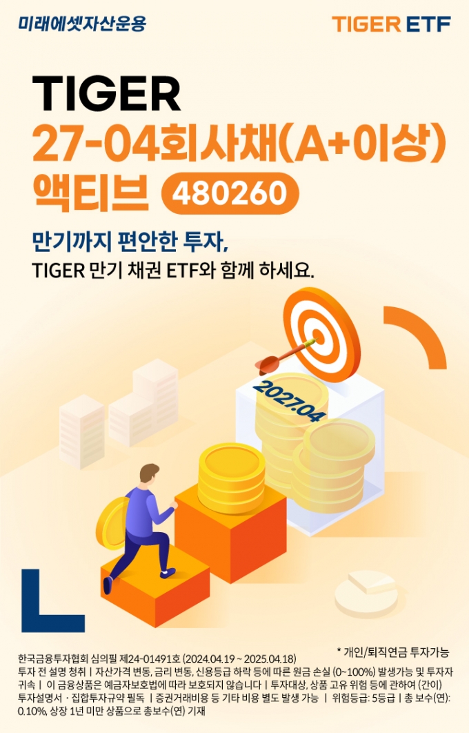 미래에셋, TIGER 27-04 회사채(A+이상) 액티브 ETF 신규 상장