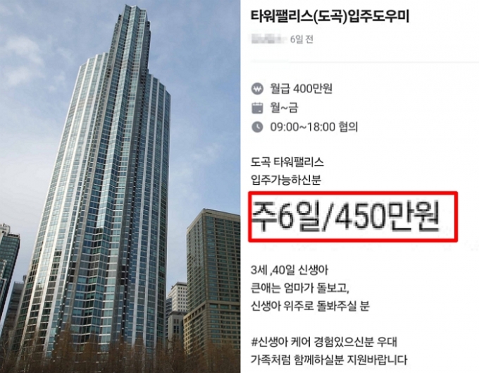  최대 월급 450만원을 지급하는 가사도우미 구인 공고가 올라와 화제다. 사진은 서울 강남구 도곡동 타워팰리스 전경. /사진=머니투데이 DB, 당근마켓