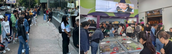 멕시코 현지인들이 'I LOVE K FOOD SHOP' 1호점에 입장하기 위해 줄을 서고 있는 모습(왼쪽)과 매장 내부 모습(오른쪽)./사진제공=아이케이푸드