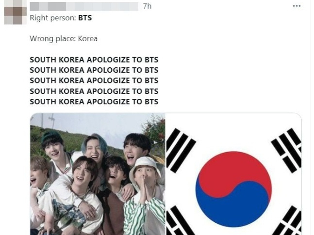 방탄소년단(BTS) 해외 팬들이 &quot;대한민국은 BTS에게 사과해야 한다&quot;라는 문구가 담긴 게시물을 SNS에 공유하는 모습. /사진=X(옛 트위터) 캡처 