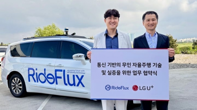 박중희 라이드플럭스 대표(왼쪽)와 전영서 LG유플러스 기업서비스개발LAB장이 업무협약을 맺고 있다. /사진=라이드플럭스